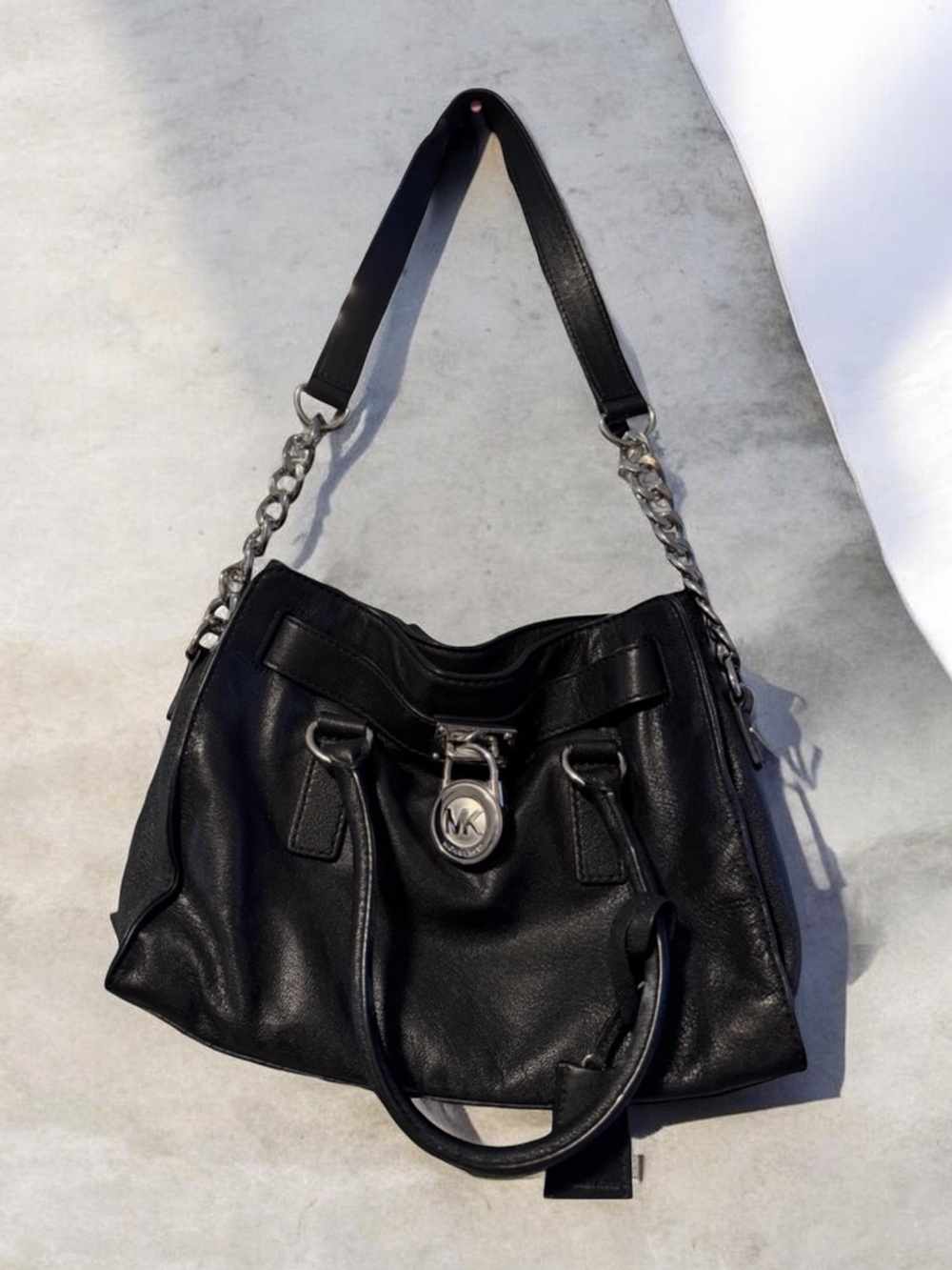 Michael Kors Black Leather Signature Tote with Silver Chain & Lock Vintage Style